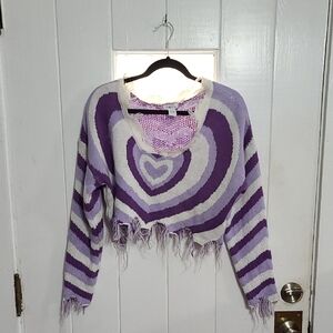 Rue 21 Womens/ Juniors Sweater Purple/White Heart Cropped Distressed Fringe Sz L